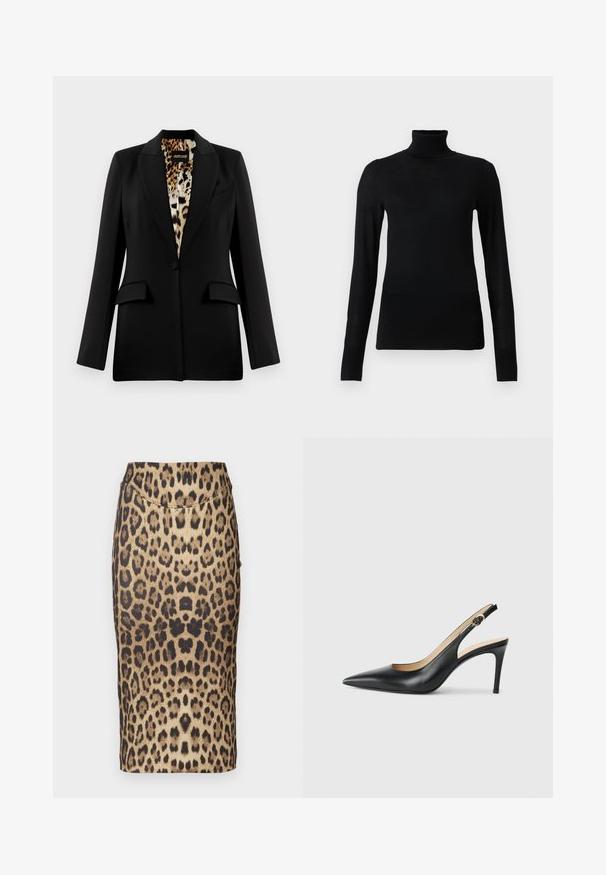 Zwarte blazer met een op maat ontworpen snit, enkele knoopsluiting, twee frontzakken en leoplprint voering. Glad stof en gestructureerde vorm.; Zwarte coltrui van zacht, lichtgewicht materiaal. Voorzien van lange mouwen en een aansluitend ontwerp met een hoge kraag.; Een kokerrok met luipaardprint, met een aansluitend ontwerp, een middelhoge taille en een gladde textuur. Het patroon bestaat uit verschillende bruine en zwarte vlekken.; Zwarte leren slingback-hakken met een spitse neus, verstelbare band en een elegante stiletto-hak, met een gladde afwerking.