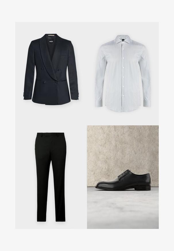 Blazer negro cruzado con solapas de pico de satén, cuatro botones delanteros, dos bolsillos inferiores y un bolsillo de ojal en el pecho, etiquetado "BOSS" en el interior.; Camisa blanca de vestir con finas rayas negras verticales, mangas largas, cierre con botones en el frente y cuello puntiagudo.; Pantalones negros con corte recto, fabricados en un tejido texturizado, con presillas para cinturón y bolsillos laterales. Diseño simple y limpio.; Zapato de vestir de cuero negro con punta redondeada, textura suave, costuras mínimas y suela plana con un sutil logo en el tacón.