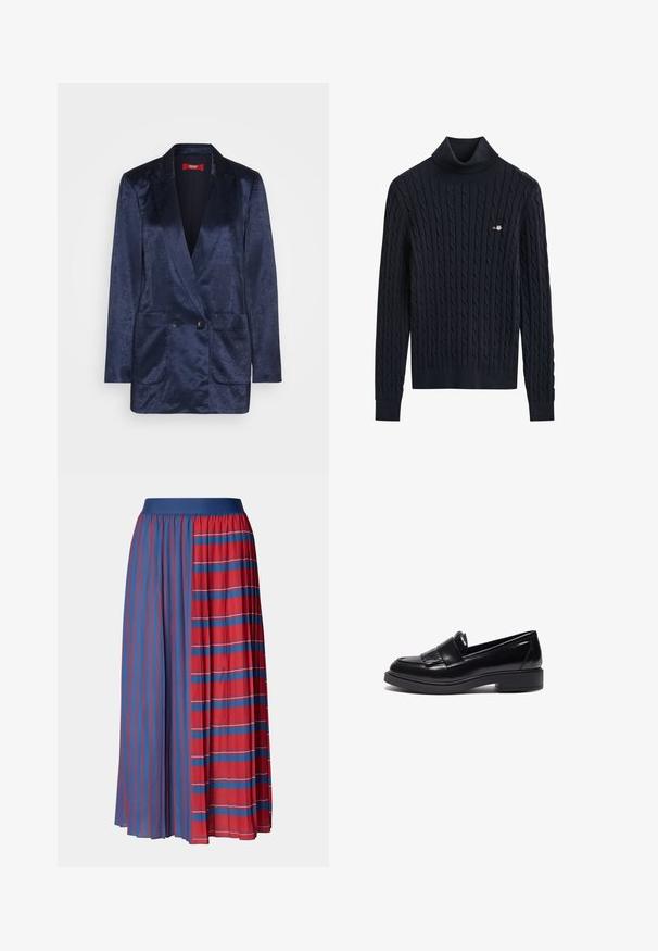 Blazer azul marino con acabado satinado, solapa con muesca, doble botón y dos bolsillos frontales. Diseño elegante y estructurado.; Jersey de cuello vuelto de punto de cable negro con mangas largas y pequeño logo bordado en el pecho izquierdo.; Falda plisada con una cinturilla sólida azul. Un lado presenta rayas verticales rojas y azules; el otro lado exhibe rayas rojas horizontales.; Mocasines de cuero negro con un diseño elegante, que incluyen una punta redondeada, flecos decorativos y una suela de goma texturizada y baja.