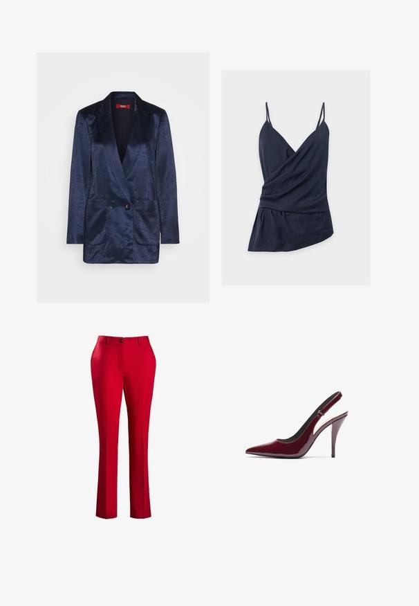 Marineblaues Blazer mit satiniertem Finish, mit Reverskragen, doppelten Knöpfen und zwei Vorderaschen. Schlankes, strukturiertes Design.; Navyblaues ärmelloses Wickel-Top mit dünnen Spaghettiträgern, V-Ausschnitt, drapiertem Stoff und asymmetrischem Saum auf schlichtem weißen Hintergrund.; Rote, maßgeschneiderte Hose mit geradem Schnitt. Verfügt über einen vorderen Reißverschluss, einen Knopfverschluss und eine glatte Stoffstruktur. Keine sichtbaren Muster oder Akzente.; Burgunderfarbene Patentleder Slingback-Pumps mit spitzer Zehe, hohem Stiletto-Absatz und einer eleganten, glatten Textur. Verstellbare Riemendetails.