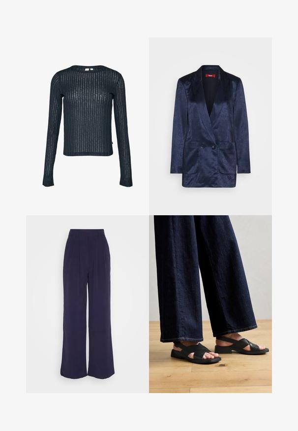 Blazer bleu marine en finition satinée avec des revers crantés, des boutons doubles et deux poches avant. Design élancé et structuré.; Haut à manches longues marine en tissu transparent et texturé avec des rayures verticales. Encolure arrondie et ourlet légèrement court. Étiquette visible sur le côté.; Anna Field by Zalando Pantalon classique - dark blue; Sandales en cuir noir avec un design entrecroisé, semelle plate et matériel minimal, associées à un pantalon en denim foncé à jambes larges.