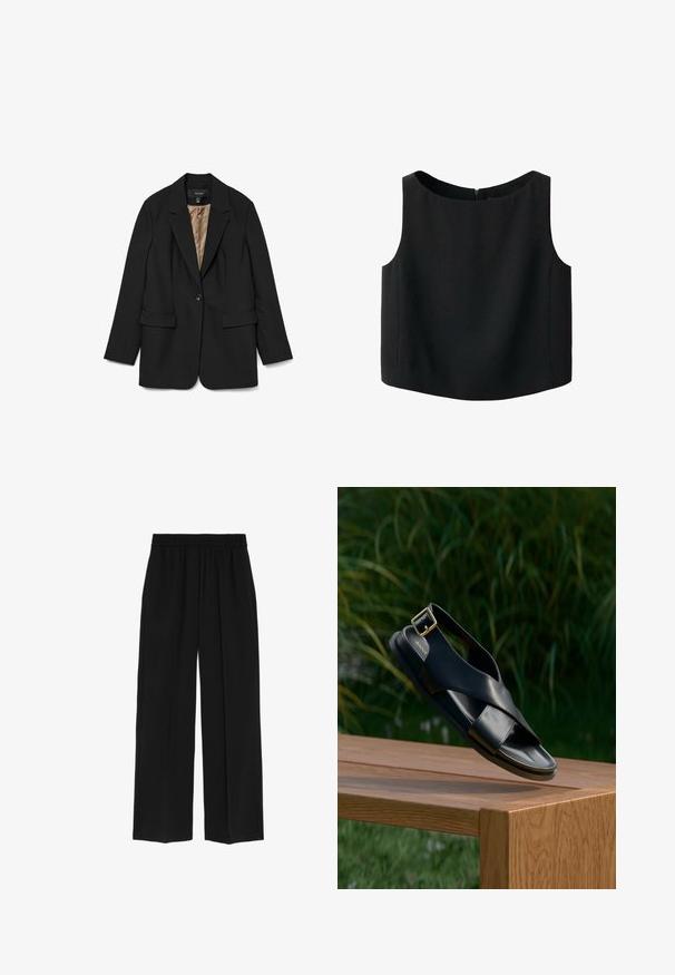 Sort enkelt-knaps blazer med hakkede revers, klaplommer og beige satinfor synligt indeni.; Sort ærmeløs top med rund halsudskæring og glat stoftekstur. Har en diskret lynlås bagpå og en lige nederkant.; Marks & Spencer WIDE LEG - Bukser - black; Sort læder-sandal med krydsrem og en slingback med guldbeklædt spænde. Glat tekstur, flad sål, vist på en træflade.