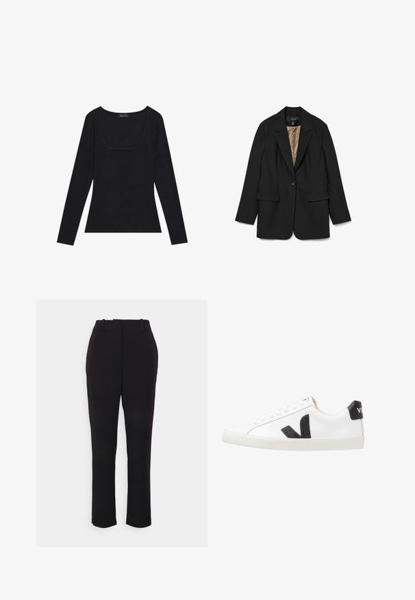 Blazer negro de un solo botón con solapas con muesca, bolsillos con solapa y forro interior de satén beige visible.; Top negro de manga larga con textura acanalada, que presenta un escote cuadrado y una forma ajustada. Incluye una etiqueta que dice "ANNA FIELD."; ONLY Tall ONLMILA PANT - Pantalones - black; Zapatilla blanca con un logo en V negro, con una parte superior de cuero liso, puntera redonda, cierre de cordones y una lengüeta en el talón de color negro en contraste.