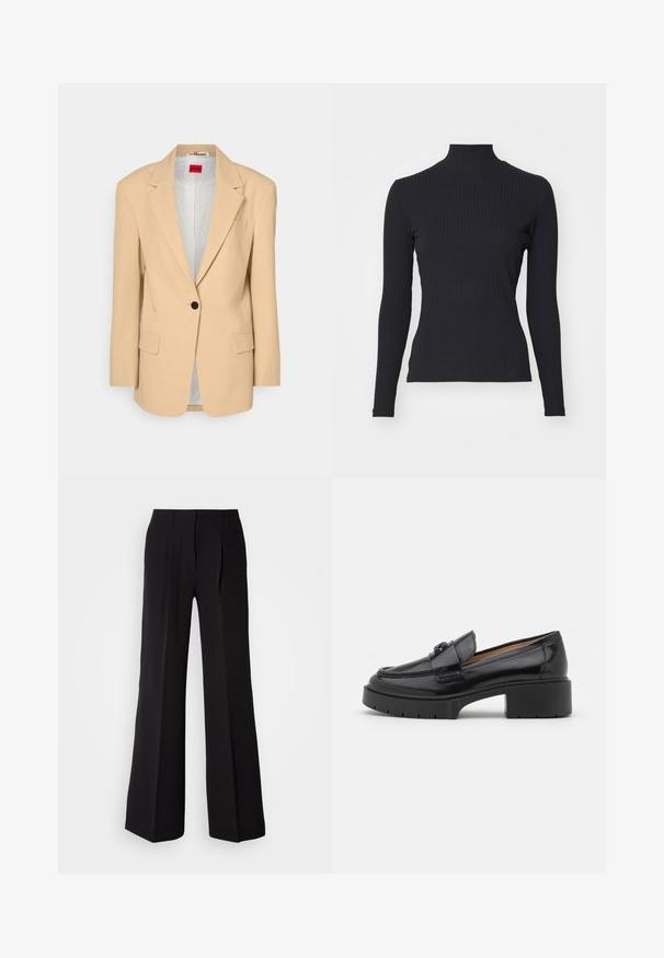 HUGO AGURA - Manteau court - open beige; Haut noir à col roulé côtelé avec des manches longues. Fabriqué en tissu extensible avec une coupe ajustée et un col montant. Design simple sans embellissements.; Pantalons noirs en tissu lisse, avec une taille haute, une coupe évasée et deux plis sur le devant pour un détail de conception supplémentaire.; Mocassin en cuir noir avec un petit talon bloc, une pointe arrondie, une sangle décorative et des détails de couture texturés sur le dessus. Fini lisse.