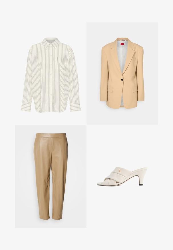 HUGO AGURA - Halflange jas - open beige; Witte overhemd met smalle zwarte verticale strepen, kraag, lange mouwen, borstzak en recht gesneden met cuffed details.; Beige leren broek met een gladde textuur, voorzien van een platte tailleband en taps toelopende pijpen, met naaddetail langs de zijkanten.; Beige hoge hakken mules met een gedraaide lederen band, open teen en een reliëf logo-accent. De hak heeft een zwarte puntdetail.