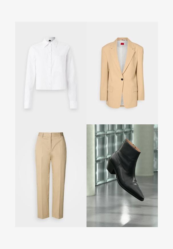 HUGO AGURA - Halflange jas - open beige; Witte cropped button-up shirt met lichtblauwe verticale strepen, lange mouwen, één borstzak en klassieke kraag. Katoenmix stof.; Beige rechte broek met riemlussen, voorplooi en verborgen sluiting, afgebeeld tegen een lichte achtergrond.; Zwarte leren enkellaars met een spitse neus en blokhak die zweeft boven een reflecterende grijze vloer nabij een glazen blokmuur.