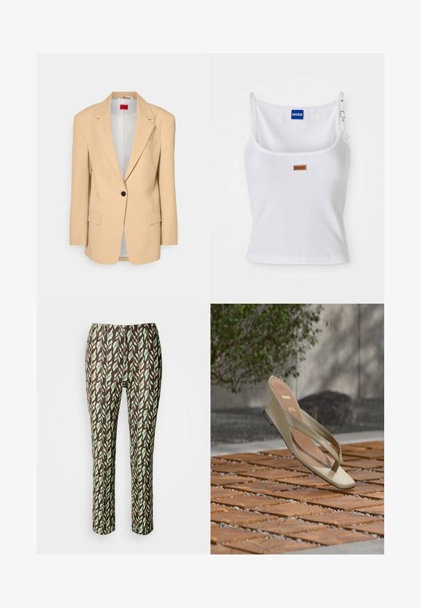 HUGO AGURA - Korte frakker - open beige; Hvid ribbet tanktop med justerbare stropper, der har et blåt logo-label og et lille brunt tag, fremstillet af blødt, strækbart materiale.; Brune og grønne mønstrede bukser med bladdesign, slim fit, med en glat tekstur og ingen synlige lukninger eller lommer.; Beige læder tåsandal med BOSS-logo på indersålen, svævende over en terrasse med trælameller og små sten imellem.