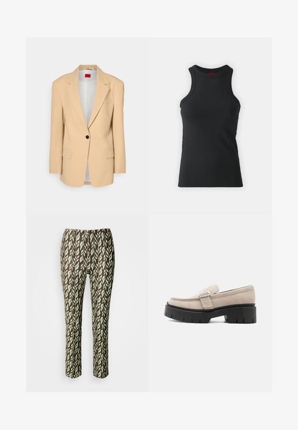 HUGO AGURA - Korte frakker - open beige; Sort ærmeløs tanktop lavet af strækbart stof. Har en rund hals og en tætsiddende silhuet med minimale syninger.; Brune og grønne mønstrede bukser med bladdesign, slim fit, med en glat tekstur og ingen synlige lukninger eller lommer.; Beige ruskindslipper med sølvspænde og tyk sort kraftig sål, set fra siden på hvid baggrund.