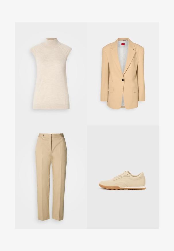 HUGO AGURA - Halflange jas - open beige; Beige hooggesloten mouwloze top, gemaakt van zachte, gestructureerde stof. Beschikt over raglan-schouderpassen en een getailleerde pasvorm. Geschikt voor gelaagde outfits.; Beige rechte broek met riemlussen, voorplooi en verborgen sluiting, afgebeeld tegen een lichte achtergrond.; Beige leren sneakers met een lage profiel, textuur op de oppervlakken, en een gumrubberen zool met een zigzagpatroon voor grip.