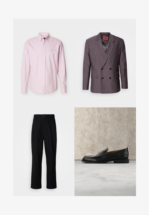 Blazer homme à double boutonnage en tissu texturé mauve foncé, avec des boutons noirs et une doublure intérieure en satin. Revers à cran et poches avant.; Chemise rose clair à manches longues avec boutons sur le devant, col à patte boutonnée et petit logo "BOSS" brodé sur la poitrine gauche.; Pantalons noirs à jambes droites avec une taille à bouton, passants de ceinture et pli avant, présentés sur un fond blanc uni.; Mocassin pour homme en cuir noir avec un dessus embossé effet croco et un petit talon, présenté de profil sur un fond neutre.