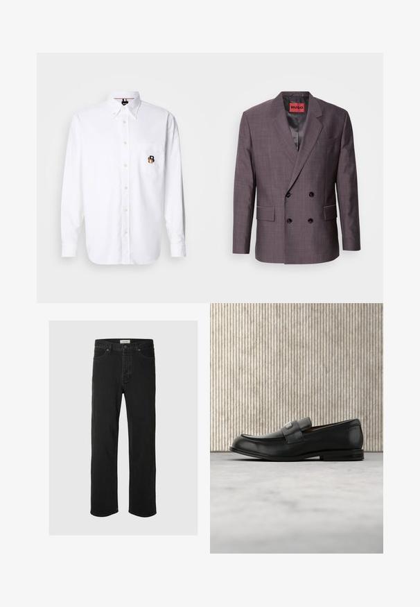 Doppelreihiges Herrenblazer aus einem strukturierten, dunklen Mauve-Stoff mit schwarzen Knöpfen und einem Innenfutter aus Satin. Mit eingeschnittenen Revers und Fronttaschen.; Weißes Langarm-Hemd mit Knöpfen und Knopfkragen, Fronttasche mit einem kleinen bestickten braunen und schwarzen "B"-Logo.; Schwarze Denim-Jeans im Straight-Leg-Schnitt verfügen über ein klassisches Fünf-Taschen-Design mit Knopfverschluss, minimaler Naht und einer weichen Textur.; Schwarzer Lederloafer mit einer Metallmarkenplatte, der nahe einem braunen runden Tisch auf beigem Teppichboden ruht.