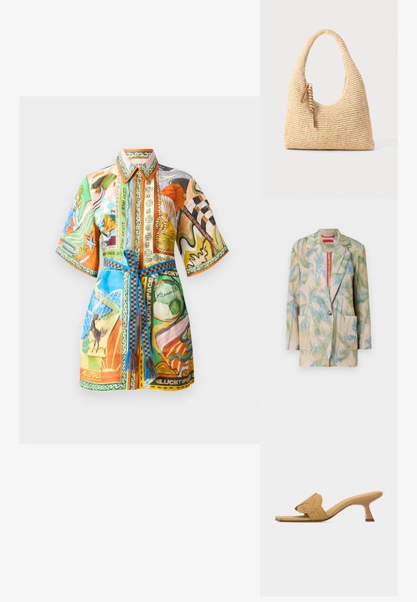 Lichtgewicht beige blazer met groene en blauwe palmbladpatronen, éénknops sluiting en twee voorkruiszakken. Voering met een rode accent.; Kleurvol overhemd met korte mouwen, versierd met gemengde patronen, een kraag en een strikceintuur. De materialen lijken lichtgewicht, met gevarieerde graphics en accenten.; Beige open-toe mule met een lage kittenhak en een geweven, circulaire decoratieve band over de voorkant.; Geweven beige handtas met een gebogen handvat, textuur oppervlak en een bruine kwastdetail. Heeft een slonzige, hobo-vorm.
