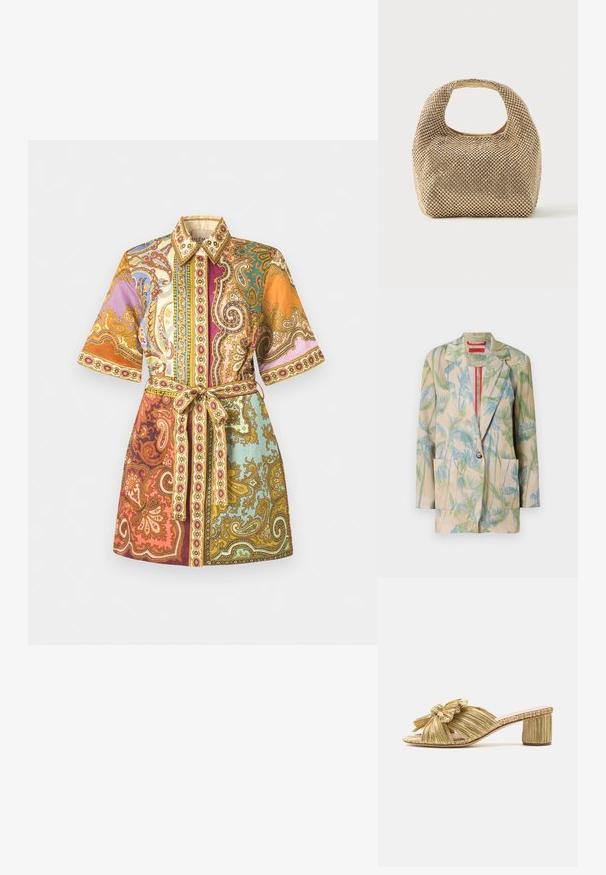 Blazer beige léger avec des motifs de feuilles de palmier verts et bleus, fermeture à un bouton et deux poches avant. Doublé d'une bordure rouge.; Robe chemise à manches courtes avec ceinture, ornée de motifs paisley et floraux colorés dans des tons d'orange, de violet, de bleu-vert et d'or.; Sandale à glissière plissée dorée avec un détail de nœud, bout ouvert et un talon bloc texturé. Présente une semelle plate et un intérieur lisse.; Petit sac à main doré recouvert de clous ronds brillants avec une poignée courte et une découpe rectangulaire en haut.
