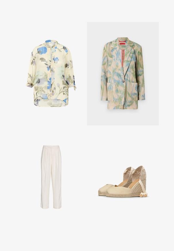 Letvægts beige blazer med grønne og blå palmebladsmønstre, enkeltknap lukning og to forlommer. Forestillet med en rød kant.; Lettet, gennemsigtig bluse med blomstermønster i nuancer af blå og grå på en cremefarvet baggrund. Har lange ærmer med oprullede manchetter og en ståkrave.; Højtaljede hvide skræddersyede bukser med plisseringer, bæltestropper og lige ben, vist på en ensfarvet hvid baggrund.; Beige lærreds kileformede espadrillos med vævede hæle, ankelstropper og flettede jutesåler placeret side om side på en hvid baggrund.