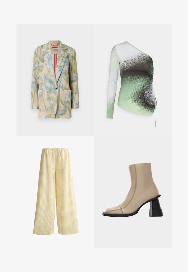 Blazer beige léger avec des motifs de feuilles de palmier verts et bleus, fermeture à un bouton et deux poches avant. Doublé d'une bordure rouge.; Elleme ONE SHOULDER - T-shirt à manches longues - light green/white; Pantalon jaune à jambes larges avec fines rayures verticales bleues, taille élastique et cordon à l'avant.; Bottine beige en cuir avec bout carré, couture visible, et talon bloc noir sculpté et épais sur fond blanc.