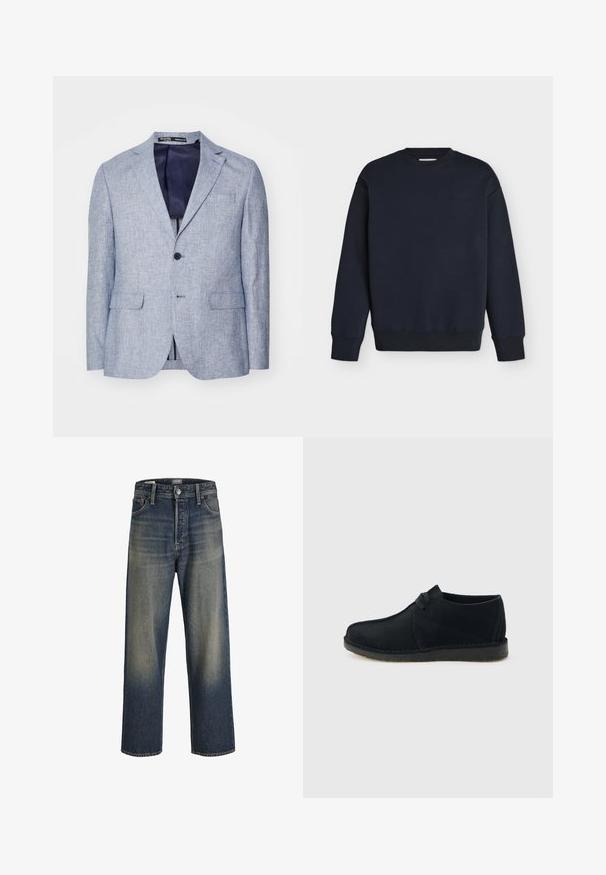 Lyst blå tekstureret herreblazer med spidse lapeller, to forreste klaplommer, enkeltknaplukning og mørkeblåt indfældet foer synligt.; Marineblå crewneck sweatshirt med lange ærmer, ribbet manchetter og linning samt diskret logo tekst på brystet.; Bredde ben jeans i mørkeblå denim med en gradient finish, der har en knaplukning, fem lomme-design og strukturerede syninger.; Sort ruskind lavt snørebåndssko med crepesål, set fra siden på en lysegrå baggrund.