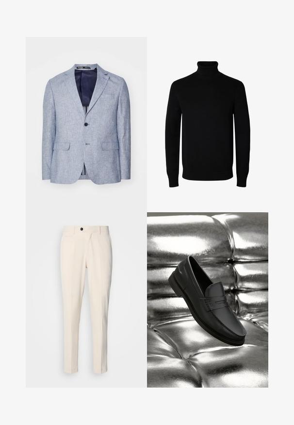Light blue textured men's blazer with notch lapels, two front flap pockets, single-button closure, and dark blue inner lining visible.; Black long-sleeve turtleneck sweater with ribbed cuffs and hem, displayed on a plain white background.; Beige tailored trousers with a flat front, single button closure, and two angled side pockets. Smooth fabric with a slim fit and tapered leg.; Black leather loafers with a smooth texture, featuring stitching details and a classic design, displayed against a metallic, shiny background.