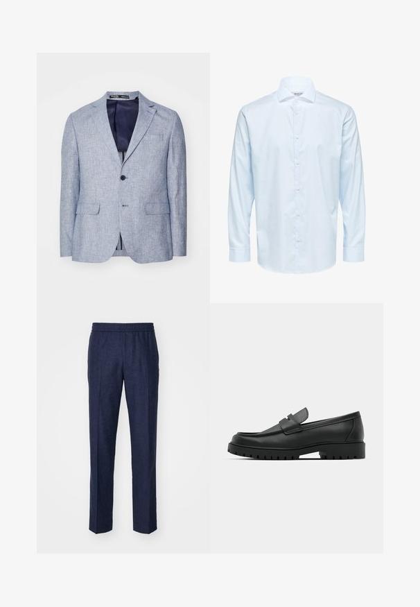Blazer pour homme en bleu clair texturé avec revers en pointe, deux poches avant à rabat, fermeture à un bouton, et doublure intérieure bleu foncé visible.; Chemise habillée pour homme à manches longues bleu clair avec des boutons sur le devant et un col classique, présentée sur fond blanc.; Pantalons en lin bleu marine avec une taille élastique, coupe droite et sans motifs ni détails en métal visibles. Texture lisse.; Mocassins en cuir noir à bout arrondi, avec un design cousu, une semelle plateforme basse et une semelle en caoutchouc texturée et crantée.