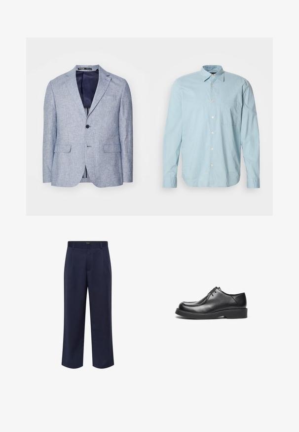 Blazer pour homme en bleu clair texturé avec revers en pointe, deux poches avant à rabat, fermeture à un bouton, et doublure intérieure bleu foncé visible.; Chemise à manches longues à carreaux bleu clair avec un col boutonné, une poche poitrine et des boutons blancs. Fabriquée dans un tissu lisse.; Pantalon ajusté bleu marine en tissu léger. Doté d'une jambe droite et cropped, de passants de ceinture et de poches latérales.; Chaussures en cuir noir avec un bout rond, des accents de couture droite et une semelle en caoutchouc à profil bas. Design classique et épuré, fermeture à lacets.
