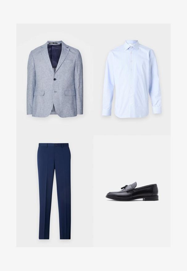 Lichtblauwe textuur herenblazer met notched lapels, twee voorflapzakken, sluiting met één knop en een donkerblauwe voering die zichtbaar is.; Lichtblauw en witte gestreepte langhouthals-shirt met een klassieke kraag, knopen aan de voorkant en manchetten, gemaakt van een gladde stof.; Marine formele broeken met een slim fit, een vlakke voorkant en een soepele textuur. Kenmerken zijn een enkele knoopsluiting en riemlussen.; Zwarte leren loafer met textielpaneel in grijs met textuur en kwastdetail, lage hak en afgeronde neus, zijaanzicht op witte achtergrond.