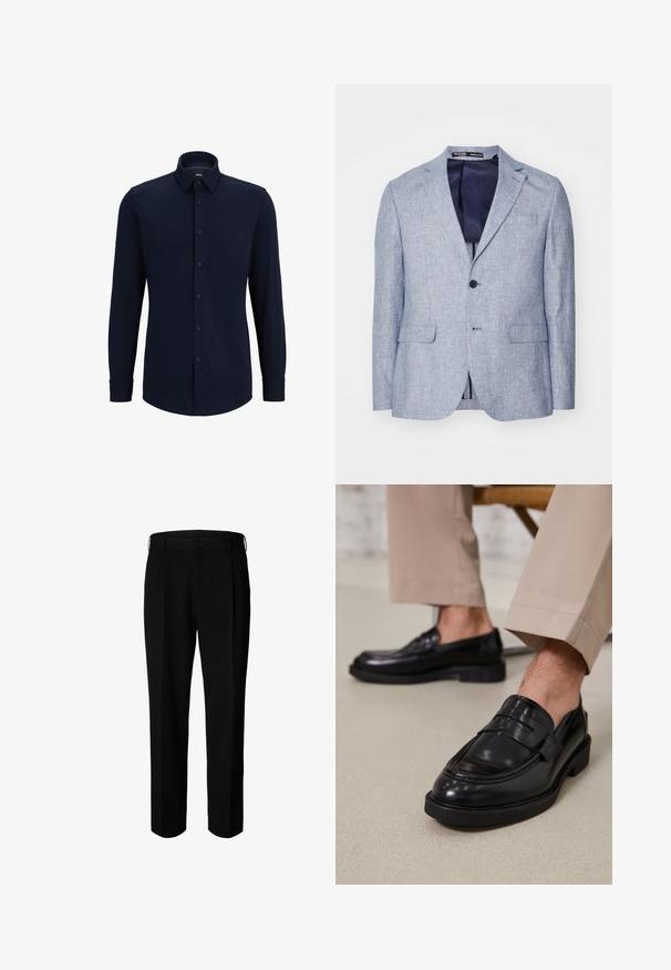 Blazer para hombre de textura azul claro con solapas en muesca, dos bolsillos frontales con solapa, cierre de un solo botón y forro interior azul oscuro visible.; Camisa de botones de manga larga en color navy, hecha de tela tejida, que presenta un cuello clásico, corte recto y cierre frontal de botones.; Pantalones formales negros con trabillas para cinturón, botón frontal y cierre de cremallera, mostrados sobre fondo blanco.; Mocasines de cuero negro con un acabado suave, que cuentan con una correa decorativa y costuras en contraste, combinados con pantalones beiges.