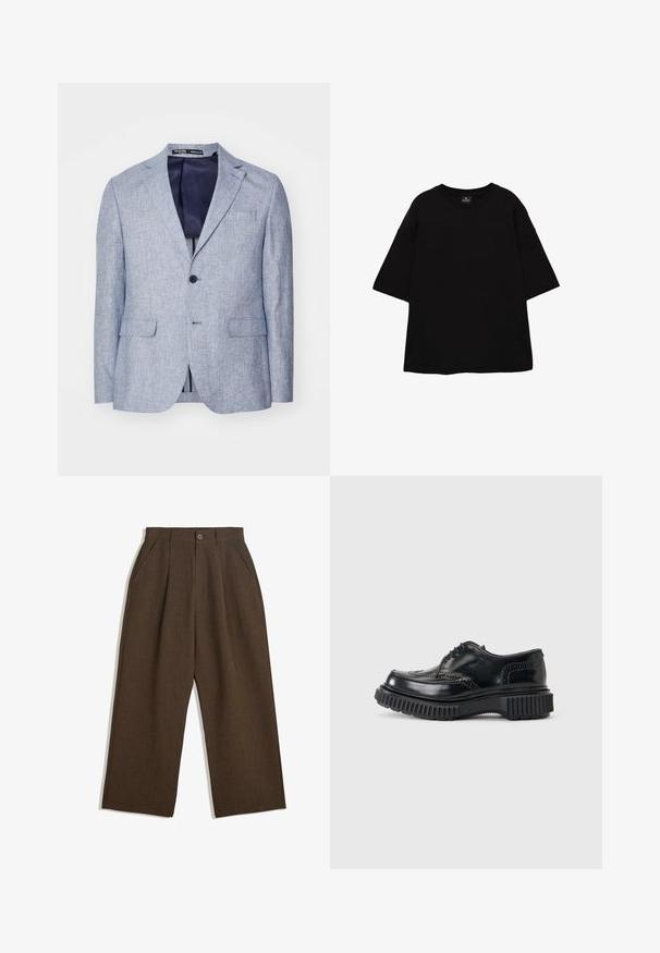 Lichtblauwe textuur herenblazer met notched lapels, twee voorflapzakken, sluiting met één knop en een donkerblauwe voering die zichtbaar is.; Zwarte oversized T-shirt met korte mouwen en ronde hals, gemaakt van gladde stof, plat uitgestald op een witte achtergrond.; Bruine geplooide broeken met een wijdvallend ontwerp, voorzien van een knoopsluiting en zijzakken, gemaakt van een textiel dat geschikt is voor casual wear.; Zwart leren brogue-schoen met stevige geribbelde zool en vetersluiting tegen een effen lichtgrijze achtergrond.