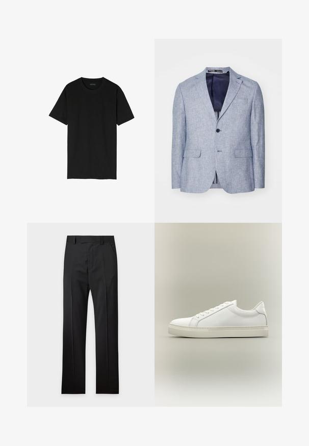 Blazer para hombre de textura azul claro con solapas en muesca, dos bolsillos frontales con solapa, cierre de un solo botón y forro interior azul oscuro visible.; Camiseta negra de manga corta hecha de algodón. Presenta un cuello redondo clásico y un diseño simple, sin embellishments.; Pantalones de vestir negros a medida con trabillas para cinturón, bolsillos delanteros y una raya en cada pierna, mostrados extendidos sobre un fondo blanco.; Zapatilla blanca de perfil bajo con cordones en la parte delantera y suela gruesa, mostrada de lado sobre un fondo neutro.