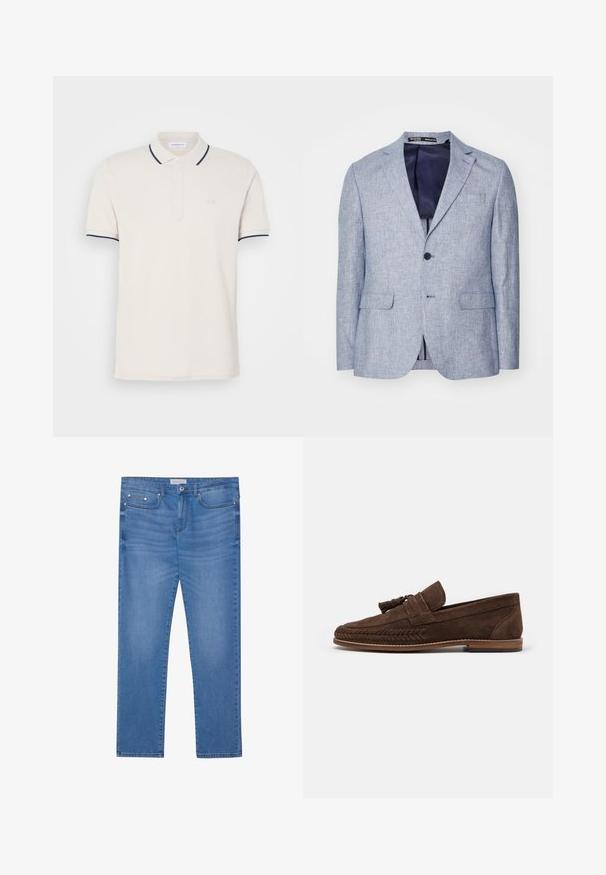 Lyst blå tekstureret herreblazer med spidse lapeller, to forreste klaplommer, enkeltknaplukning og mørkeblåt indfældet foer synligt.; Creme polo shirt med en tre-knap lukning, korte ærmer og marineblå krave- og ærmeaksenter. Blødt bomuldsblandingsstof.; Lyseblå denimjeans med lige ben, femlommes design, subtil falming og metalbeslag ved taljen og lommerne.; Brune ruskinds loafers med flettede detaljer langs sålen, der har en dekorativ kvast og en flad gummihæl. Enkel, strømlinet design.