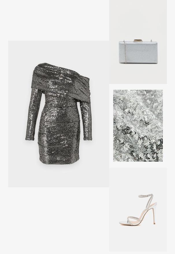 Sølv palietstof med en glat tekstur, der har en blanding af skinnende og matte pailletter arrangeret i et tæt, overlappende mønster.; Paljetterklædning med off-shoulder halsudskæring, lange ærmer og tætsiddende silhuet. Lavet af metalisk stof i sølvnuancer.; Sølv højhælede sandal med tynde stropper, prydet med rhinsten, og med et elegant design og spids tå.; Rektangulær sølvclutch lavet af struktureret metallisk stof, med en klipslukning og et aftageligt kædetræk til at bære.