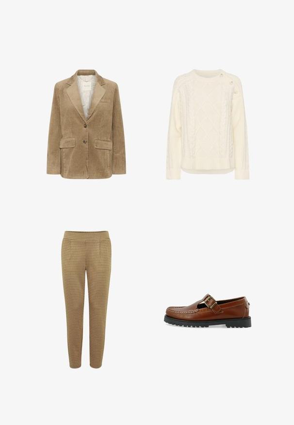 Blazer de pana beige con solapa con muesca, dos bolsillos frontales y dos botones. La textura acanalada de la tela añade interés visual.; Suéter de punto color crema con un patrón de trenzas, texturas en forma de diamante, dobladillo acanalado y detalles de botones en un hombro.; Pantalones de cuadros marrones con forma ajustada, cinturilla elástica y dos bolsillos laterales. La tela tiene una textura suave con un patrón a cuadros.; Zapato de cuero marrón con un diseño recortado, que presenta una hebilla decorativa y una suela de goma negra contrastante con un patrón de textura.