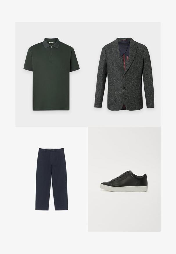 Blazer gris oscuro con espiga, solapa con muesca, dos bolsillos delanteros y cierre de un botón. Forrado en azul marino con detalles en granate.; Polo de color verde oscuro con mangas cortas, cuello con cremallera y ribete texturizado en contraste. Hecho de una tela suave con un diseño minimalista.; Pantalones chinos azul marino oscuro hechos de algodón. Diseño de pierna recta con cintura de talle medio, con una cremallera oculta y trabillas para cinturón. Textura lisa sin patrones.; Zapatillas de cuero negro con punta redondeada, suela plana de goma blanca y diseño de cordones con seis ojales. Textura suave, estilo minimalista.