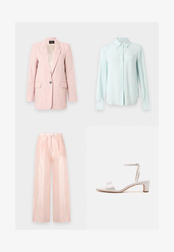Blazer femenino de color rosa claro con solapas con muesca, cierre de un solo botón, dos bolsillos delanteros con solapa y un forro beige suave.; Camisa de manga larga azul claro con botones, cuello puntiagudo y puños, mostrada de frente sobre un fondo liso.; Pantalones de pierna ancha de talle alto en rosa claro, con una textura lisa y brillante, plisados en la parte frontal y un cinturón a juego.; Loeffler Randall ALICE - Sandalias - cream