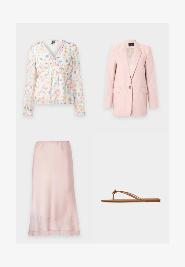 Veste blazer rose clair pour femmes avec revers crantés, fermeture à un bouton, deux poches avant à rabat, et une doublure beige lisse.; Blouse fleurie en tissu léger et transparent, ornée de fleurs aux couleurs pastel et de feuilles vertes. Encolure en V, manches longues avec poignets froncés et détails à volants.; Jupe midi en satin rose clair avec taille élastique et détail de ourlet superposé, présentée sur un fond blanc uni.; Sandale plate beige avec fines doubles lanières sur le doigt de pied et le côté, ornée d'un petit élément décoratif métallique près de la bride entre les orteils.
