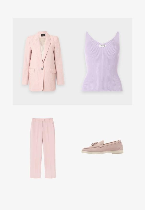 Veste blazer rose clair pour femmes avec revers crantés, fermeture à un bouton, deux poches avant à rabat, et une doublure beige lisse.; Haut sans manches lilas à côtes avec un col en V et une coupe ajustée. Le matériau semble doux avec des détails de texture verticale. Étiquette de marque visible.; Pantalons rose pâle avec une coupe ajustée, dotés de deux poches latérales, d'une texture lisse et de plis avant pour un détail supplémentaire.; Chaussure slip-on en daim rose clair avec un bout arrondi et un accent à gland. Présente une texture lisse et une semelle en caoutchouc beige.