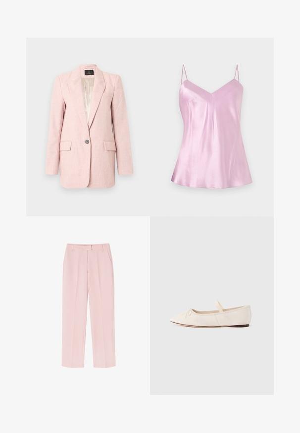 Lyserød kvinde blazermodel med hakkede revers, enkelt knaplukning, to forlommer med klap og en glat beige foring.; Lyserød satin camisole med tynde, justerbare spaghetti-stropper og en let V-udskæring, vist mod en ensartet hvid baggrund.; Lyserøde bukser med skræddersyet design, der har to sidelommer, en glat tekstur og folder foran for ekstra detalje.; Ballerinasko med lys beige ruskindsoverdel, spids tå og en tynd elastikrem over vristen. Flad sål med minimal gummidetalje.