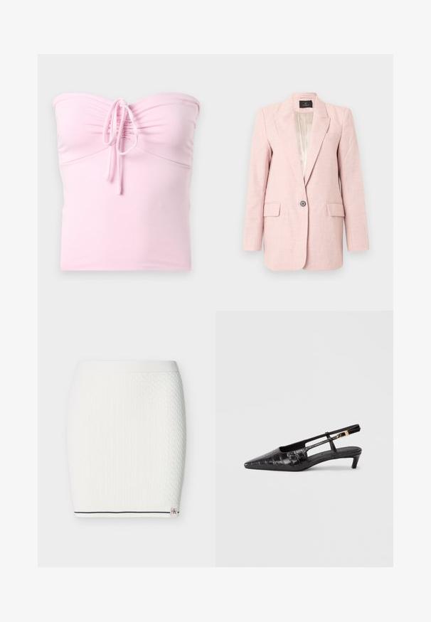 Lichtroze damesblazer met inkeping revers, enkele knoopsluiting, twee klepzakken aan de voorkant en een gladde beige voering.; Hollister Co. TIE FRONT TUBE - Top - light pink; Witte gebreide rok met een gestructureerd kabelpatroon, elastische tailleband en een marineblauwe streep langs de onderzoom met een klein merklogo detail.; Zwarte leren puntige slingback schoen met krokodillenstructuur, kleine gestapelde hak en verstelbare band met metalen gesp detail.