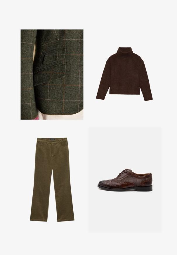 Close-up af grøn ulden blazer med rød og pink ternet mønster og to klaplommer på siden over hvide bukser.; Brun ribbet turtleneck sweater med lange ærmer og cropped silhuet, med et tykkere, struktureret strikdesign.; Olivengrønne fløjl bukser med flared ben, fem lommer, synlig syning og knaplukning i taljen for en sikker pasform.; Brun læder herre wingtip selskabssko med brogue-detaljer og ternede stofsider, vist fra siden på en hvid baggrund.