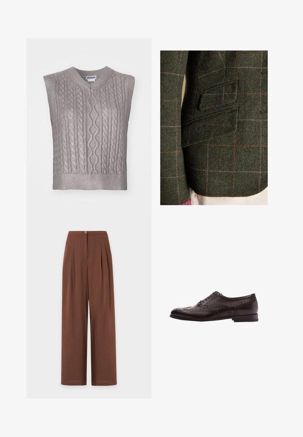 Gros plan d'un blazer en laine verte avec un motif à carreaux rouge et rose et deux poches à rabat sur les côtés, porté sur un pantalon blanc.; Pull en tricot gris sans manches avec un col en V, présentant des motifs texturés, un ourlet côtelé et une étiquette portant la mention "WEEKDAY" au niveau du col.; Pantalon marron à jambes larges avec plis à la taille, fermeture par bouton et texture de tissu lisse.; Chaussure habillée en cuir marron avec des détails de brogue, fermeture à lacets, bout arrondi et un petit talon empilé. Fini poli et perforations complexes.