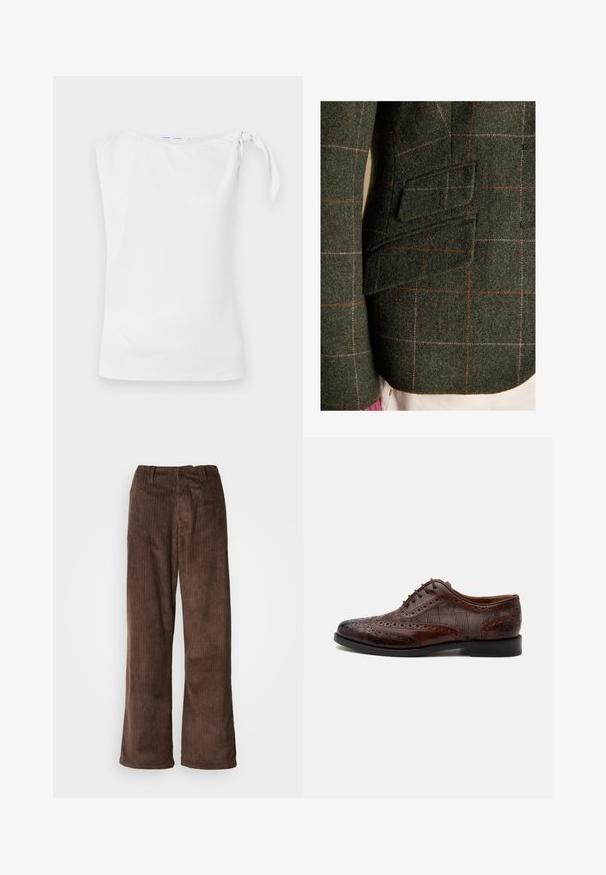Gros plan d'un blazer en laine verte avec un motif à carreaux rouge et rose et deux poches à rabat sur les côtés, porté sur un pantalon blanc.; Top sans manches blanc avec un col asymétrique et un détail noué sur l'épaule gauche, fabriqué à partir d'un tissu lisse et léger.; Pantalons en velours côtelé marron avec une coupe ample, présentant des côtes verticales et une ceinture. Le tissu a une apparence douce et texturée.; Chaussure habillée homme à bout golf en cuir marron avec détails brogue et panneaux latéraux en tissu à carreaux, vue de côté sur fond blanc.