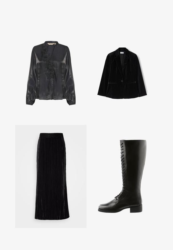 Sort fløjl blazer med enkelt knaplukning, spidse reverser og to forlommer. Glat tekstur, skræddersyet pasform og struktureret form.; Culture CUFIOLA - Bluse - black; Lang sort fløjl maxi nederdel med vertikale plisseringer og en bølget blonde talje. Stoffet har et blødt, tekstureret udseende.; Sorte læder støvler til knæhøjde med snørebånd foran, rund tå og blokhæl, med en glat overflade og ingen synlige mønstre.