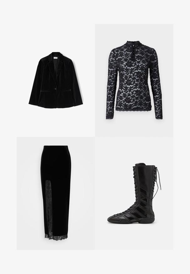 Sort fløjl blazer med enkelt knaplukning, spidse reverser og to forlommer. Glat tekstur, skræddersyet pasform og struktureret form.; Rosemunde Langærmet T-shirt - black; Sort fløjlsskirt med et gennemsigtigt blonderpanel på den ene side, en slids og blondekant i kanten. Skræddersyet design med en glat tekstur.; Sorte høje støvler lavet af skinnende syntetisk materiale, med et komplikere snøredesign og diagonale stribe-detaljer på siderne.
