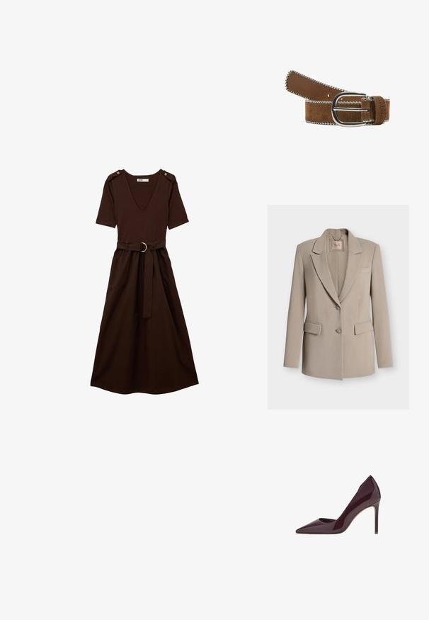 Blazer beige pour femme avec revers crantés, deux poches à rabat devant, deux boutons et étiquette de marque Guess à l'intérieur du col.; Robe midi marron foncé à manches courtes, décolleté en V, boutons aux épaules et ceinture assortie avec boucle en métal.; Escarpin en cuir verni bordeaux, design à bout pointu, silhouette élégante et talon aiguille. Texture lisse avec finition brillante.; Ceinture en daim marron avec boucle argentée aux bords arrondis et bordure décorative de perles argentées le long des bords, enroulée lâchement sur un fond blanc.