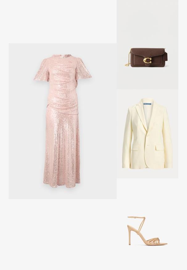 Einreihiger cremefarbener Damenblazer mit Kerb-Revers und vorderen Pattentaschen, Marke Polo Ralph Lauren.; Langes pinkes Pailletten-Kleid mit kurzen, flatternden Ärmeln, gerafftem Oberteil und einem fließenden Rock, der eine figurbetonte Silhouette schafft.; Beige Riemchen-Pumps mit einem tapered Absatz, die dünne Riemen und ein geknotetes Design im Bereich der Zehen haben. Aus glattem Leder gefertigt.; Braune Geldbörse aus genarbtem Leder mit goldener Kettenriemen und großem goldenen Verschluss, rechteckiger Anhänger an der Seite befestigt.