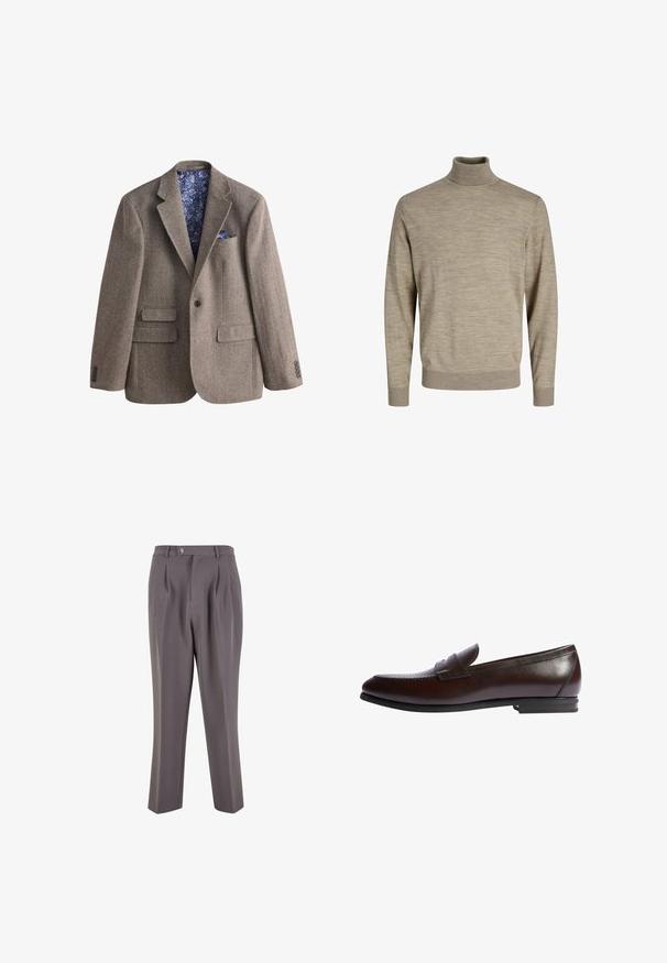 Brun blazer med fiskebenmønster, kippet revers, tre klaplommer, enkelt knaplukning, og blå blomstret for og lommetørklæde.; Beige turtle neck sweater lavet af blødt strikstof. Har lange ærmer, ribbede manchetter og kant, med en glat tekstur og subtilt tonet mønster.; Grå plisserede bukser lavet af glat stof, med lige ben-design, en enkelt knaplukning og skrå sidelommer.; Scarosso RENATO - Loafers - brown calf