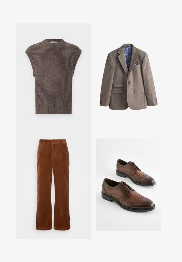 Brauner Fischgrätmuster-Blazer mit gekerbtem Revers, drei Pattentaschen, Ein-Knopf-Verschluss und blauem Innenfutter mit Blumenmuster sowie Einstecktuch.; Braun gestricktes ärmelloses Top mit gerippter Textur, hohem Ausschnitt und seitlichen Schlitzen. Verfügt über einen engen Saum und weichen Stoff.; Braune Cordhosen mit einem weit geschnittenen Design, das eine vertikale Rippstruktur, einen Knopfverschluss und standardmäßige Gürtelschlaufen aufweist.; Braune Leder-Derby-Schuhe mit einem Brogue-Design, spitzem Zeh und flacher Gummisohle. Aufwendige Perforationen entlang der Kanten.