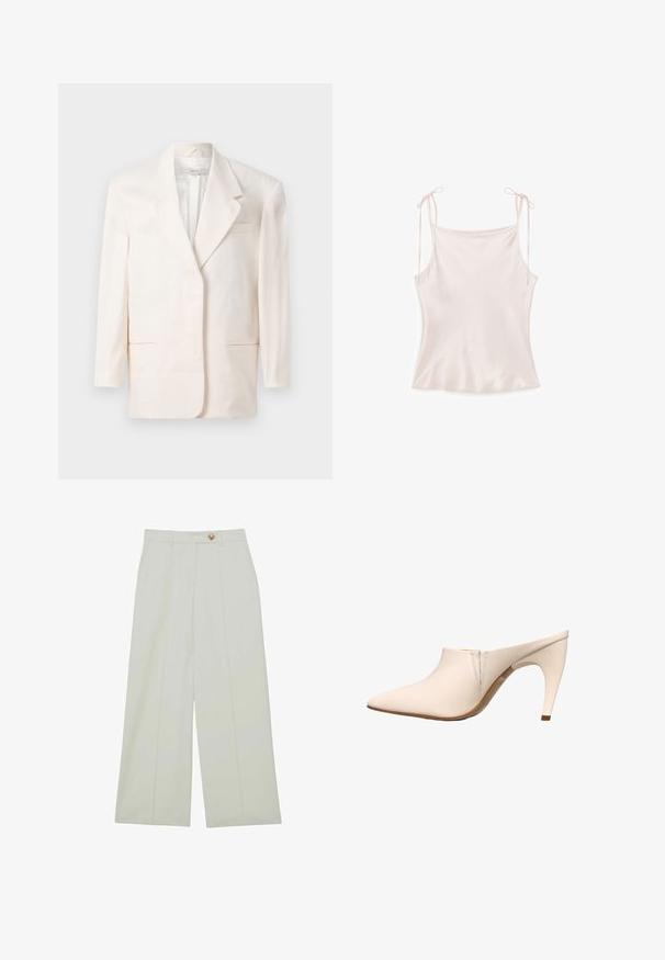 Beige Blazer mit einem Knopf, schmalen Revers und vorderen Paspeltaschen, hängt vor einem schlichten weißen Hintergrund.; Seidenzartes, hellrosa Camisole-Top mit dünnen Schulterriemen, die zu Schleifen gebunden sind, glatter Textur und leicht ausgestelltem Saum.; Hose mit weitem Bein aus leichtem Stoff, in einem Off-White-Farbton, mit vorderen Falten und einem einzelnen Knopfverschluss.; Beiger Mule mit spitzer Kappe, mittelhohem gebogenem Absatz und minimalen Nahtdetails nahe der Öffnung auf weißem Hintergrund.