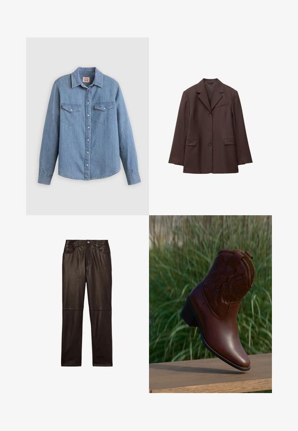 Bruine enkelgeknoopte blazer met drie knopen, notch reverskraag, twee klepzakken aan de voorkant en een borstpaspelzak.; Lichtblauw spijkerhemd met lange mouwen, knoopsluiting aan de voorkant, twee borstzakken en een klassieke kraag. Soepele textuur en een ontspannen pasvorm.; Reiss VERONA REGULAR FIT - Leren broek - chocolate; Bruine leren cowboylaars met decoratief stiksel, schuin omhoog geplaatst op een houten oppervlak met een vage groene grasachtergrond.