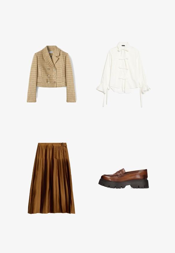 Veste croisée beige et marron à carreaux, coupée, avec col à revers et manches longues, en tissu texturé.; Blouse blanche avec manches longues à volants et cinq nœuds noués sur le devant, avec un col classique et un ourlet légèrement asymétrique.; Jupe midi plissée en satin marron avec une taille haute et un détail de boucle latérale, présentée à plat sur un fond blanc.; Mocassins en cuir marron avec une semelle plateforme noire épaisse. Présentent un bout rond et un détail de sangle décoratif sur le devant.
