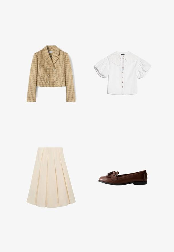 Bijgesneden beige en bruin geruit dubbelgeknoopt colbert met reverskraag en lange mouwen, gemaakt van textuurstof.; Witte blouse met grote geschulpte kraag, goudkleurige knopen aan de voorkant en volumineuze korte pofmouwen.; Plisseerok van crèmekleurige stof; heeft een zachte textuur, een middellange ontwerp en symmetrische plooien die zich uitstrekken van de tailleband tot de zoom.; Bruine leren loafer met een platte zool, gedetailleerd met een strik en kwastaccent aan de voorkant, met een gladde textuur en een slank ontwerp.