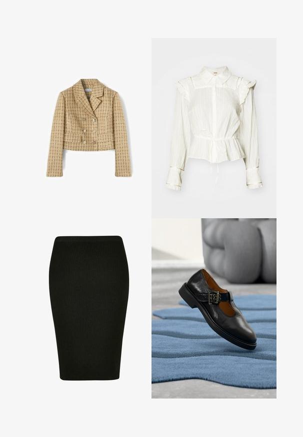 Afkortet dobbeltradet blazer i beige og brunt ternet mønster med reverskrave og lange ærmer, lavet af tekstureret stof.; Hvid langærmet bluse med flæser på skuldrene, knapfront, peplumtalje og bindebånd. Har et struktureret, let krøllet stof.; Sort ribbet blyantskjørt med en tætsiddende pasform. Har en høj talje og tekstiler, der giver en glat silhuet.; Sort læder Mary Jane-sko med spænde, svævende over et blåt struktureret tæppe med en sløret skulptur i baggrunden.